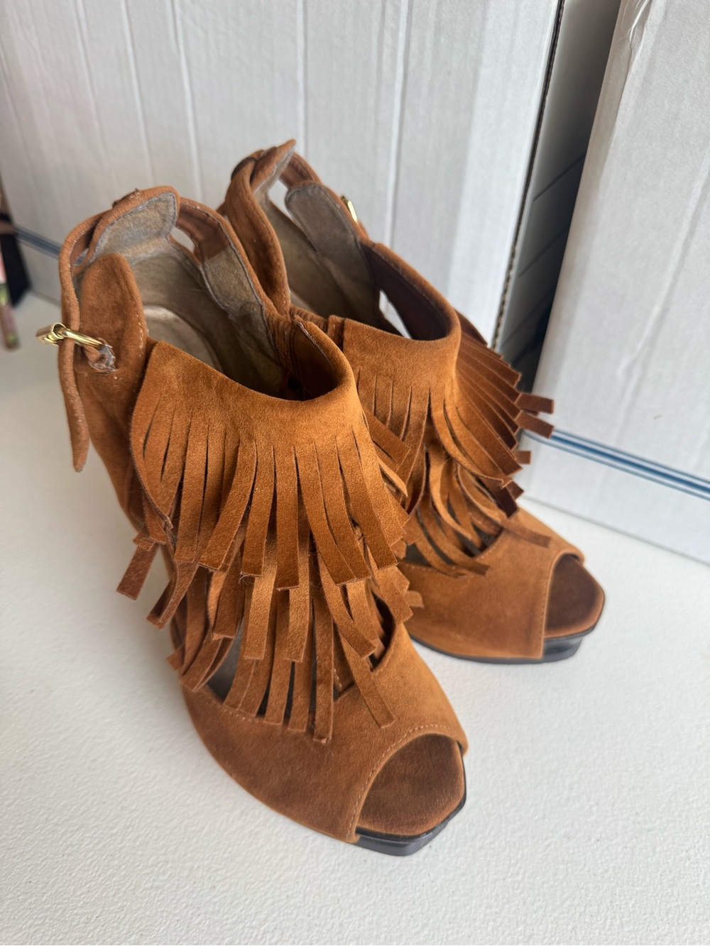 Nadara Fringe Peep-Toe Stiletto Suede Heels in Brown